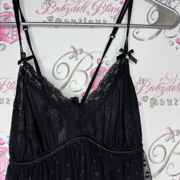 La vie en rose babydoll dress hearts black ribbon tie up bows diamond crystals - Picture 2 of 8